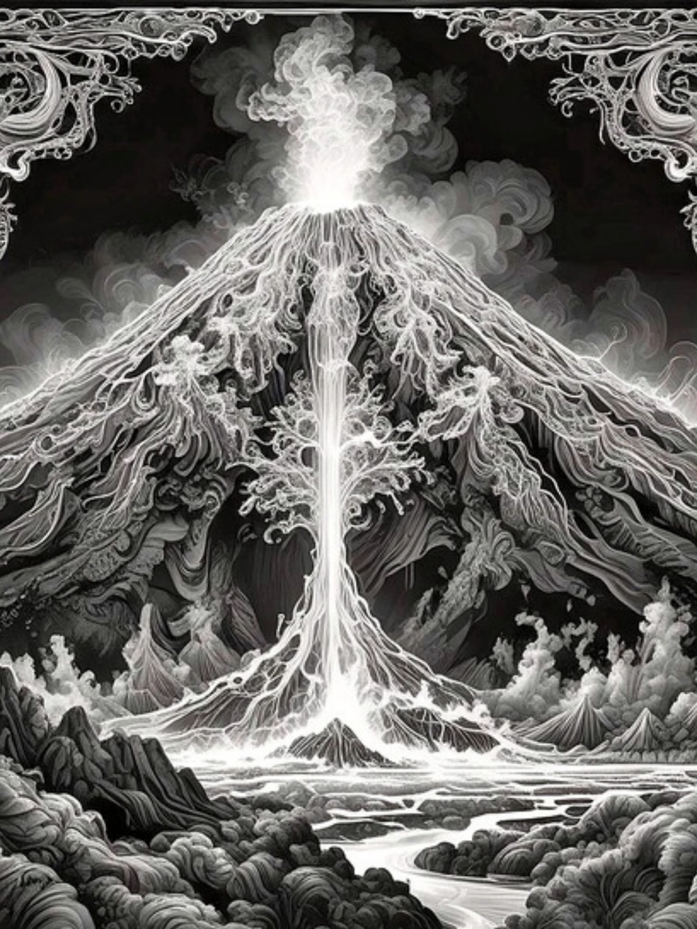Black & White Mountain Volcano Art Print